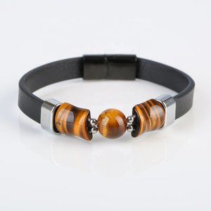 COPY - TIGER EYE GEOMETRIC STONE LEATHER BRACELET.